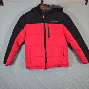 Eddie Bauer Puffer Coat Kids 7 Red Down Fill Hooded Sherpa Lined Snow Winter